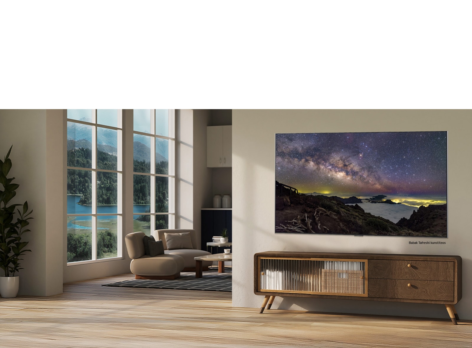LG QNED evo AI QNED82 Mini LED koos LG Gallery+-ga, pakkudes mitmekesist kunstisisu, kuvab Babak Tafreshilt pärit öise taeva maastikuteose kaasaegses elutoas osana teleri kureeritud kunstikogemusest.